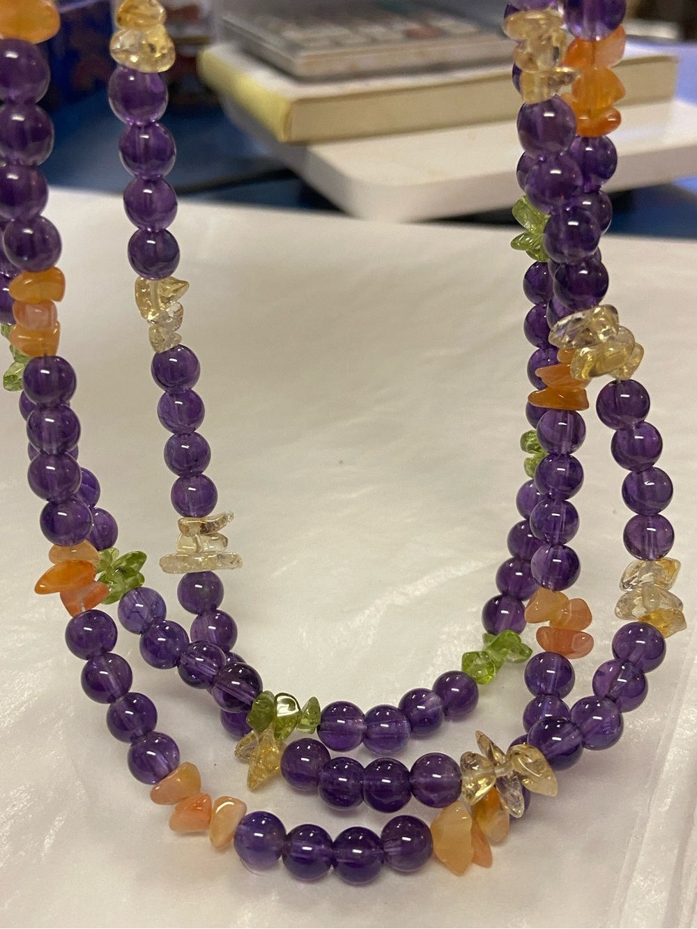 3 Strand Amethyst Peridot Citrine Carnelian Necklace with Sterling Clasp - Picture 3 of 11